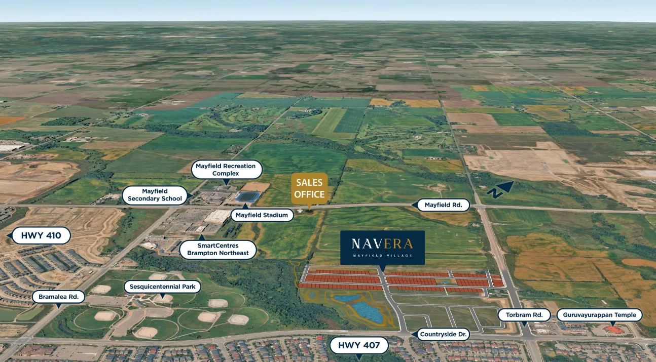 Aerial site map of Navera at Mayfield Village showing Countryside Drive, Torbram Road, Mayfield Road, Highway 410 and Sesquicentennial Park in Brampton