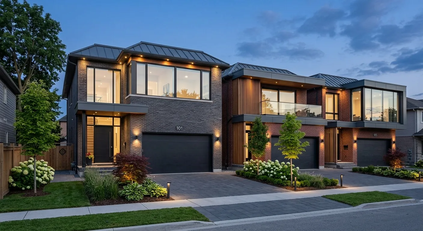 Illustrative image of new detached homes on a residential street at dusk