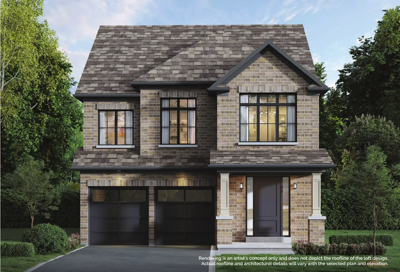 Navera 38-03 Loft Elevation A, a brick detached home with a double-car garage and covered porch in Mayfield Village, Brampton