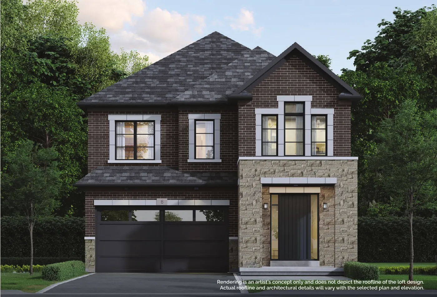 Navera 38-03 Loft Elevation B, a stone and brick detached home with a double-car garage in Mayfield Village, Brampton